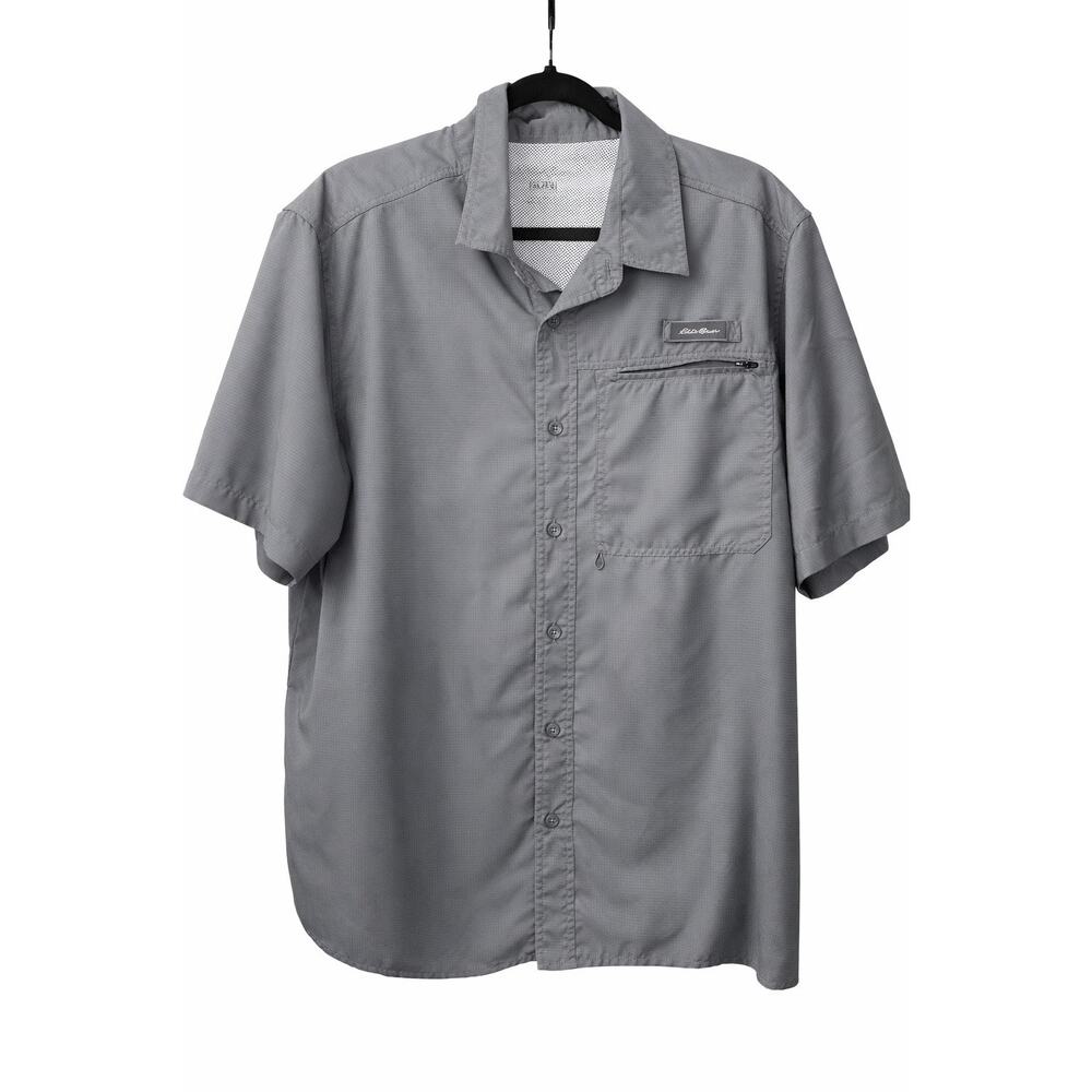 Eddie Bauer Mens Gray Woven Tech Shirt XL UPF 50 Fishing Utility